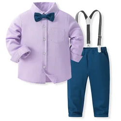 4Piece Spring Autumn Baby Boy Clothes Fashion Casual Gentleman Shirt+Pants+Tie+Straps Kids Clothing Set Toddler Outfits BC376