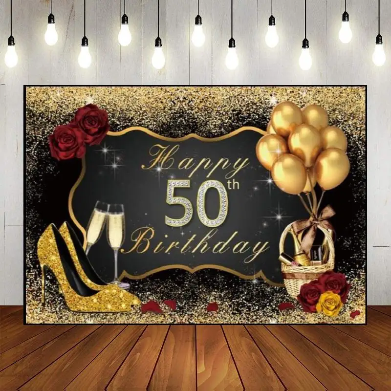 Balloon The Breath of Youth Photography Backdrop Golden Happy 50th Birthday Decoration Photo Background 50years Custom Man Woman