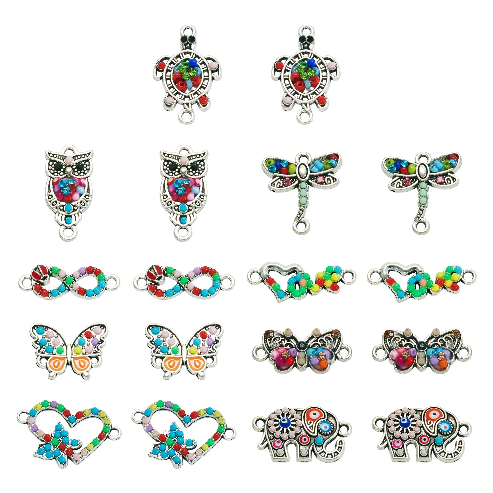 1 Set Alloy Animal Connector Butterfly Turtle Elephant Owl Dragonfly Charm with Glass Seed Beads for Jewelry Making DIY Bracelet