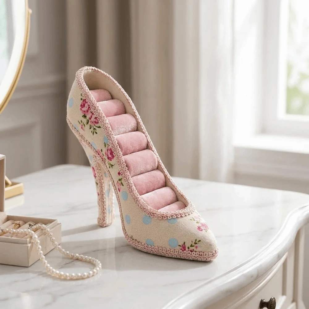 Creative High Heel Shoe Jewelry Holder Floral Print Leopard Print Jewelry Display Stand Multi-pattern Pink Lace
