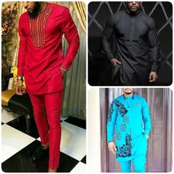 2024 African Sets For Men Autumn Striped Print Casual Dashiki Ethnic Style Long O-Neck Fashion Wedding Two-piece Suit New