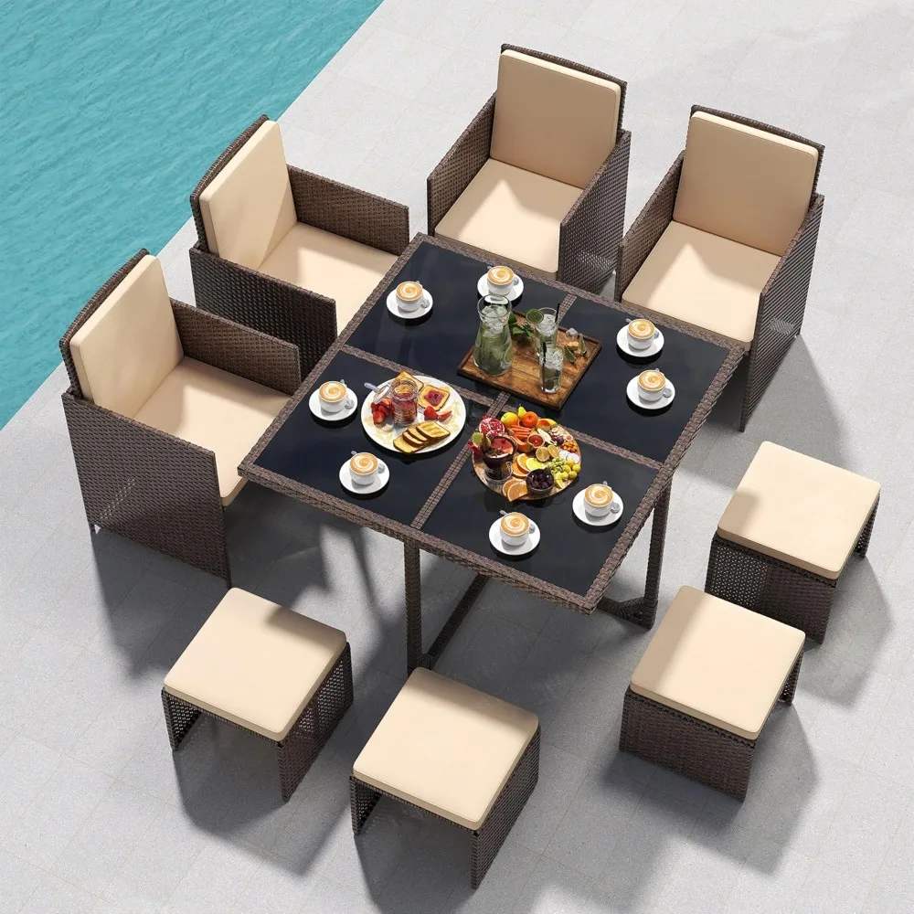 

Наборы обеденной мебели для патио из 9-х предметов, стулья из ротанга для экономии места на открытом воздухе со стеклянным столом, плетеная мебель для беседки патио S