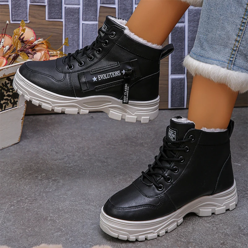 

Зимние ботинки на платформе больших размеров для женщин. Теплая спортивная обувь на высокой флисовой подкладке. Женские зимние ботинки из искусственной кожи на шнуровке.