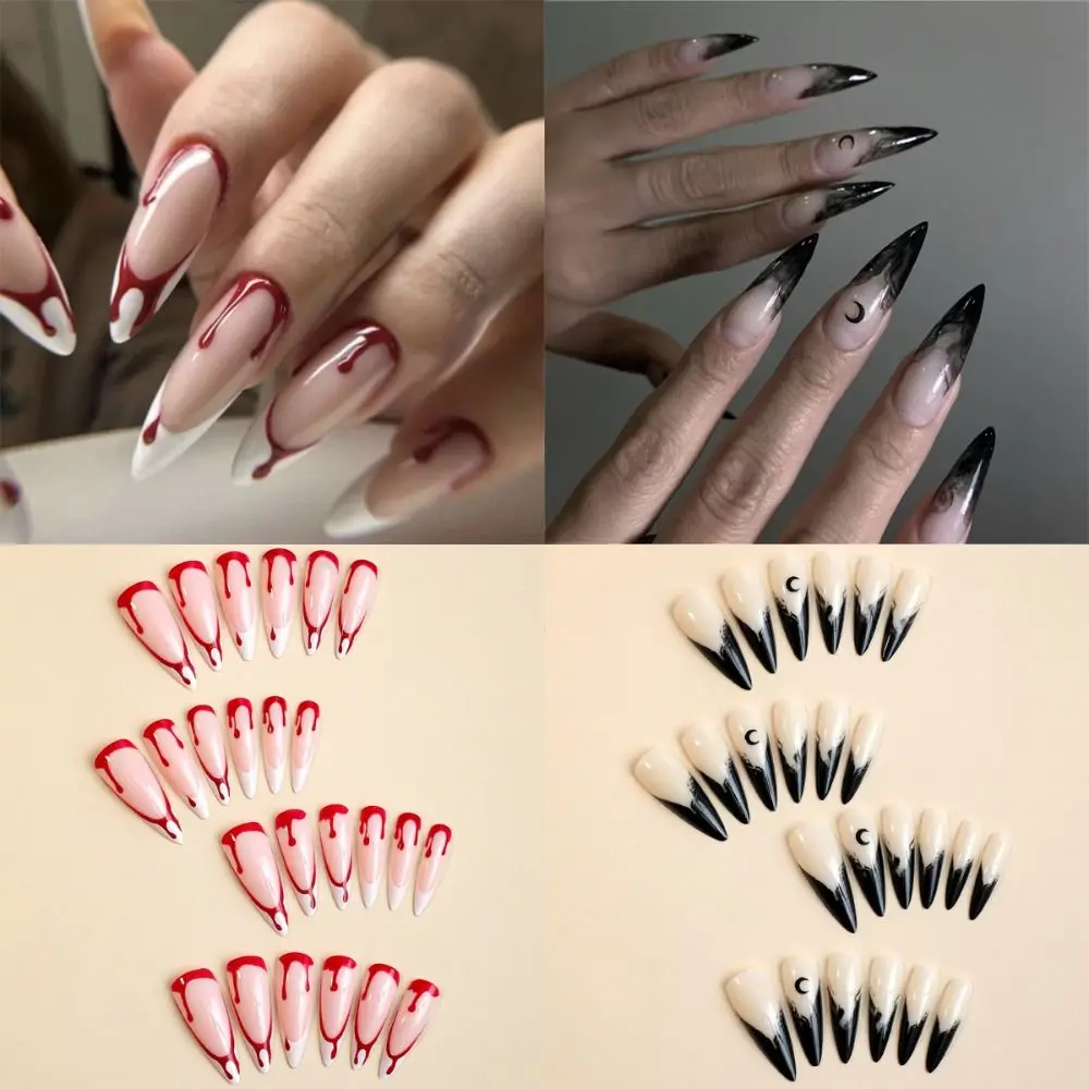 Wearable Manicure Almond Fake Nails Faux Fingernails Long Length Press on Nails Full Cover Pointed Head Halloween False Nail