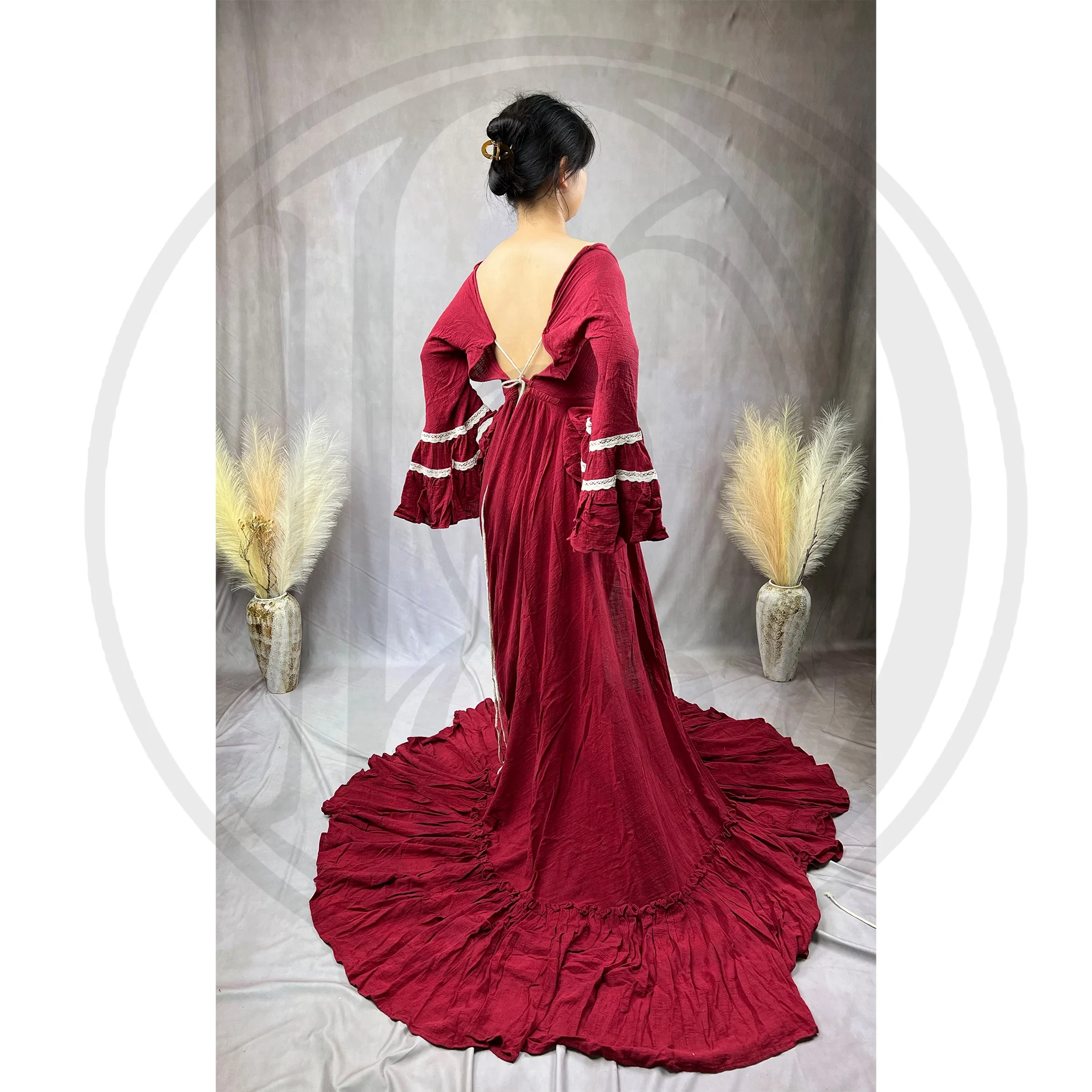 

Don&Judy Boho Maternity Dress Deep V-neck for Photoshoot Christmas Pregnancy Photography Prop Party Ruffles Gown