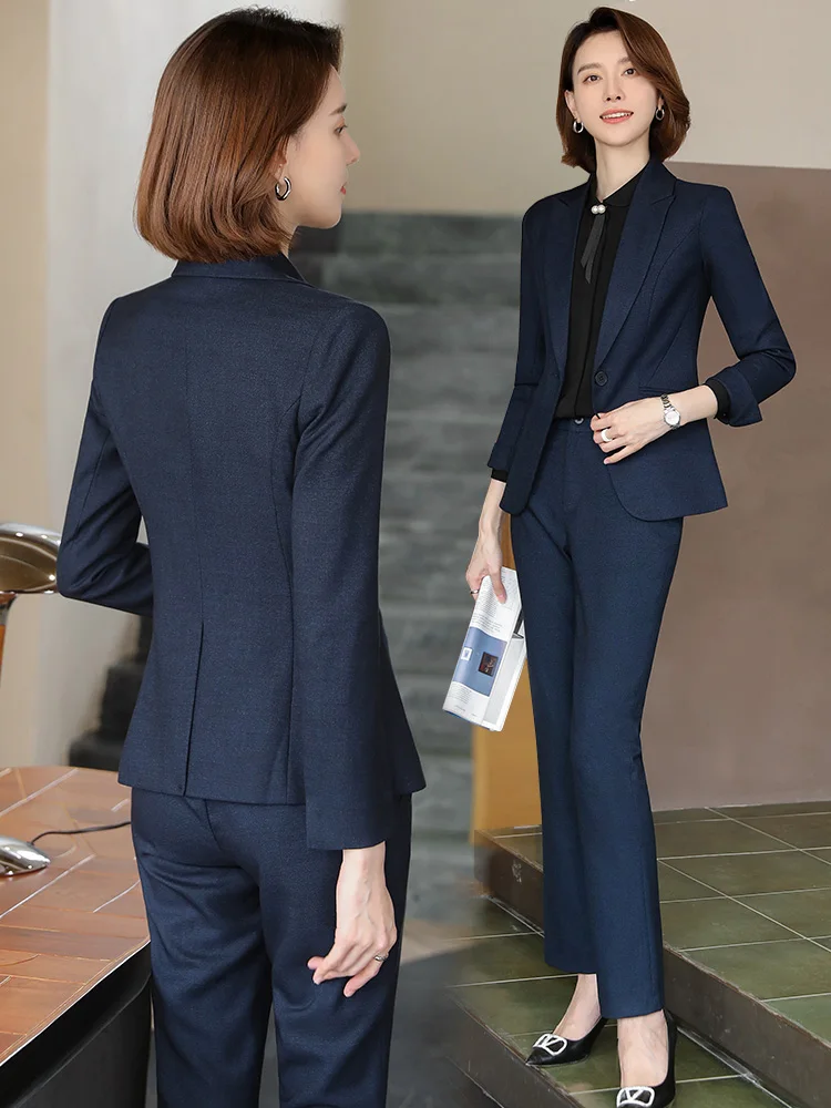 Blue High-End Professional Women's Suit Set Formal Workwear Hotel Manager Uniform Polyester Long Sleeve Slim Fit Business Suit