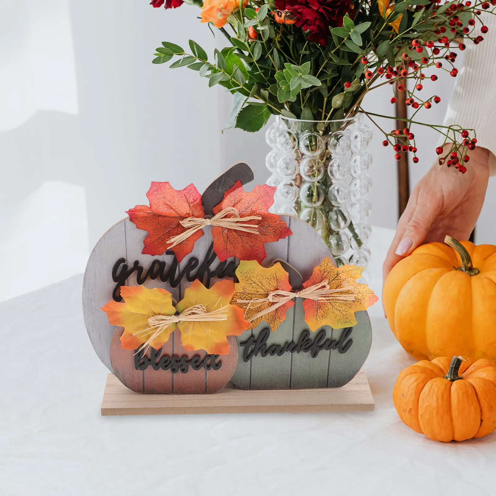 Thanksgiving Wooden Pumpkin Decor Fall Table Decor Rustic Farmhouse Style Autumn Harvest Living Room Office Indoor Table Top