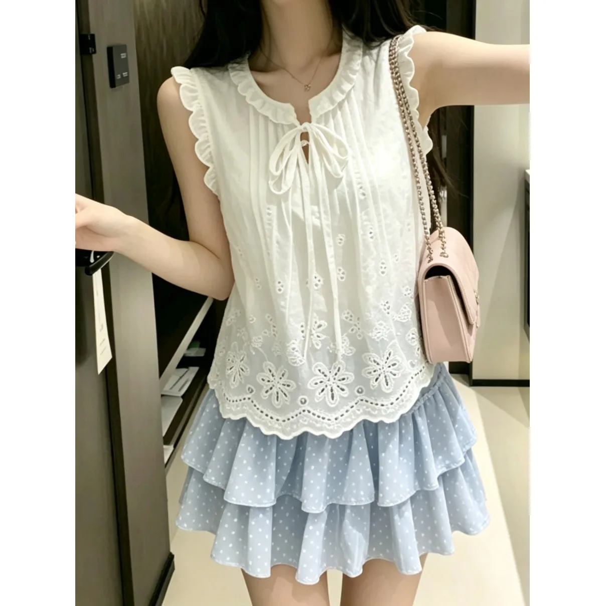 Summer White Lace Hollow Embroidery Flying Sleeve Shirt Girls Doll Shirt Top Polyester Fiber Thin Model for Daily Wear