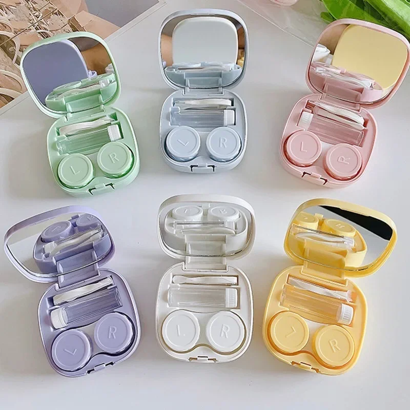 Candy Color Contact Lenses Box Solid Color Portable Contact Lens Case with Tweezer Suction Stick Set for Travel Kit Holder