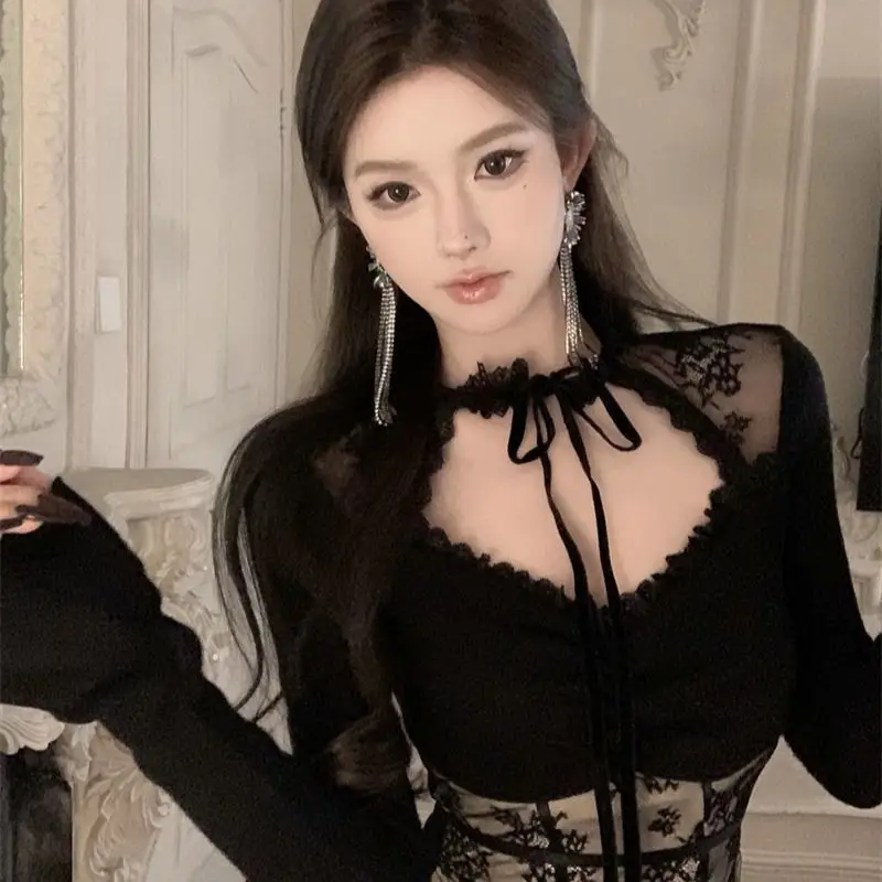 Faionable Lace Base irt Damen Long Sve Design Pure Desire Schönes T-Shirt Top Dstring Cuff Polyester Mischung