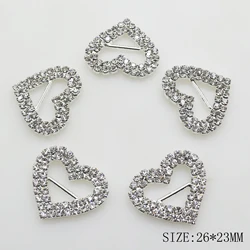 10Pcs 26*23MM Double Row Heart Clear Crystal Slider Buckles For Dress Sewing Envelope Gift Box Ribbon Decoration DIY Accessories