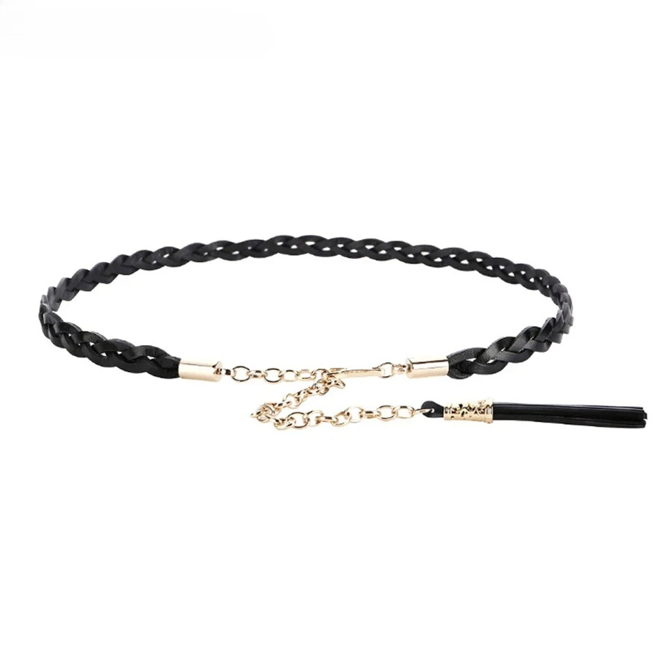 

Black Braided Belt Woman White Chain Belt Genuine Cow Leather Tassel Luxury Designer Brand Thin Elegant Ladies Dress Belts New