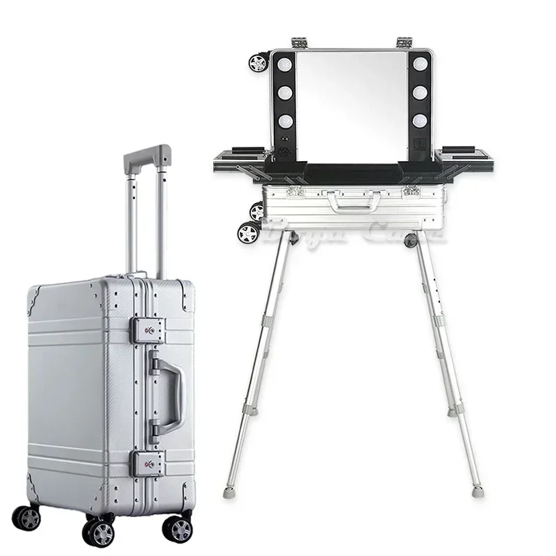 Makeup Train Case with Speaker, Free Standing Portable Makeup Station with Lighted Mirror, Cosmetic Organizer Box