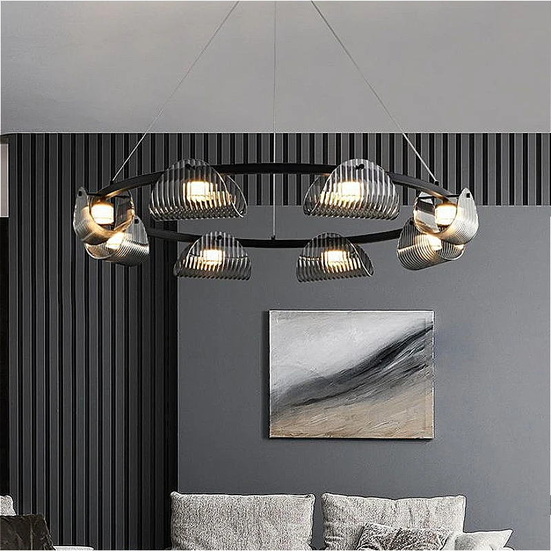 Italian Minimalist Chandelier Luxury Living Room Bedroom Hotel Lamp Modern Home Decor LED Lights Ring Striped Glass Pendant Lamp