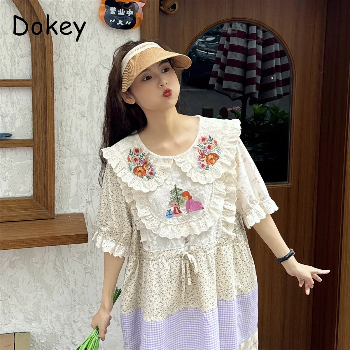 Mori Girl Embroidery Flower Print Dress Women Summer Japanese Lace Peter Pan Collar Patchwork Cotton Linen Dress Loose Vestidos