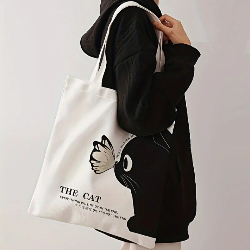 

Cat Canvas Bags Student Class Large Capacity Commuting Bag Artistic Youth College Student Bag Single Shoulder Tote Bags