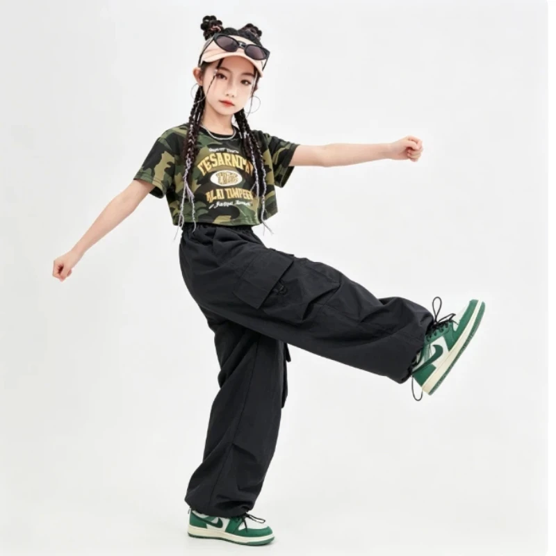 

Детский костюм для хип-хопа, стильный жилет для мальчиков, камуфляжная футболка, крутой и стильный комплект для джазовых танцев для девочек
