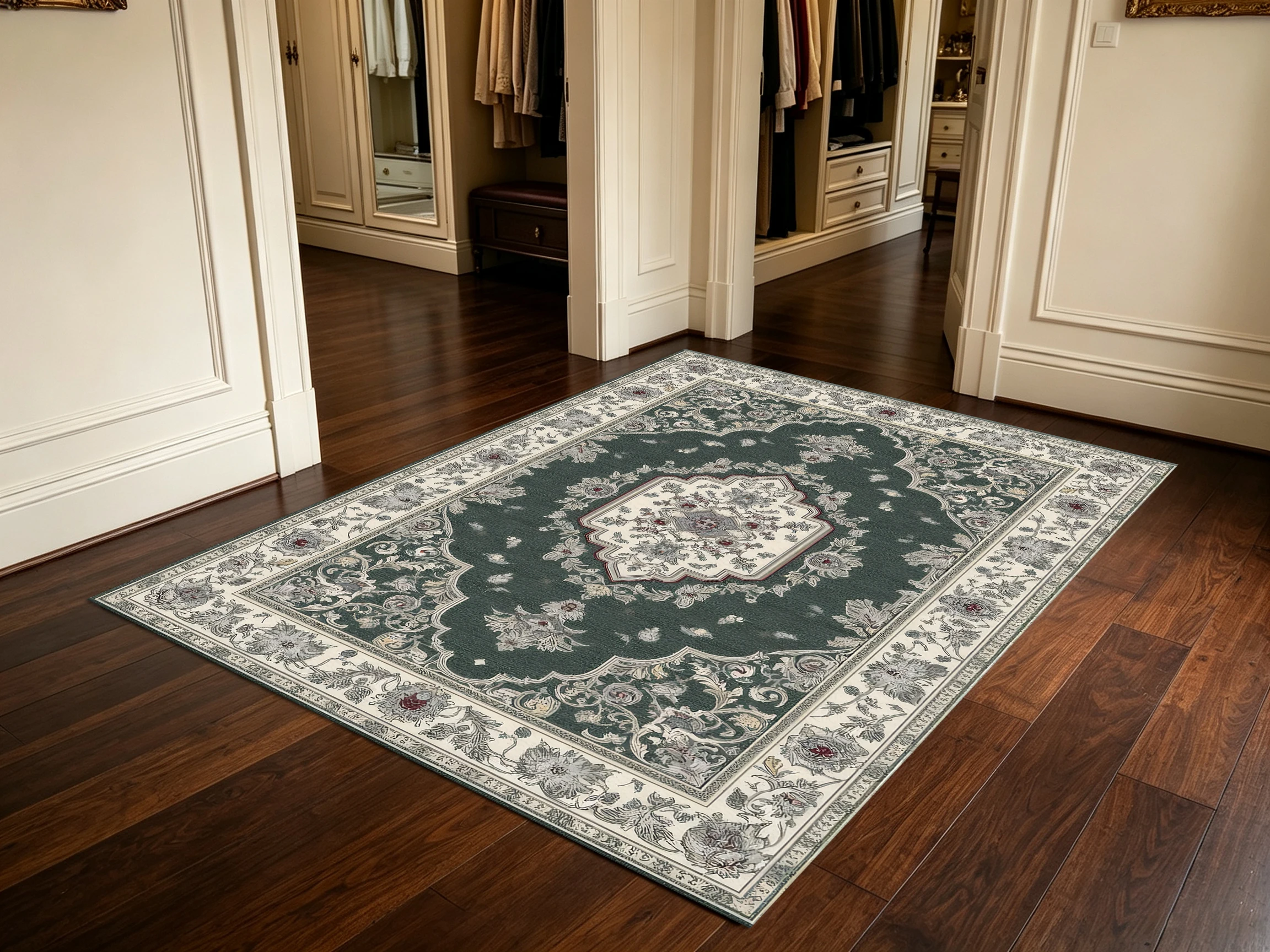 2D Carpet, Large 2D Carpet in Deep Green and Beige Tones, European Vintage Style, Persian Pattern, Soft and Skin-Friendly, Suitable For..
