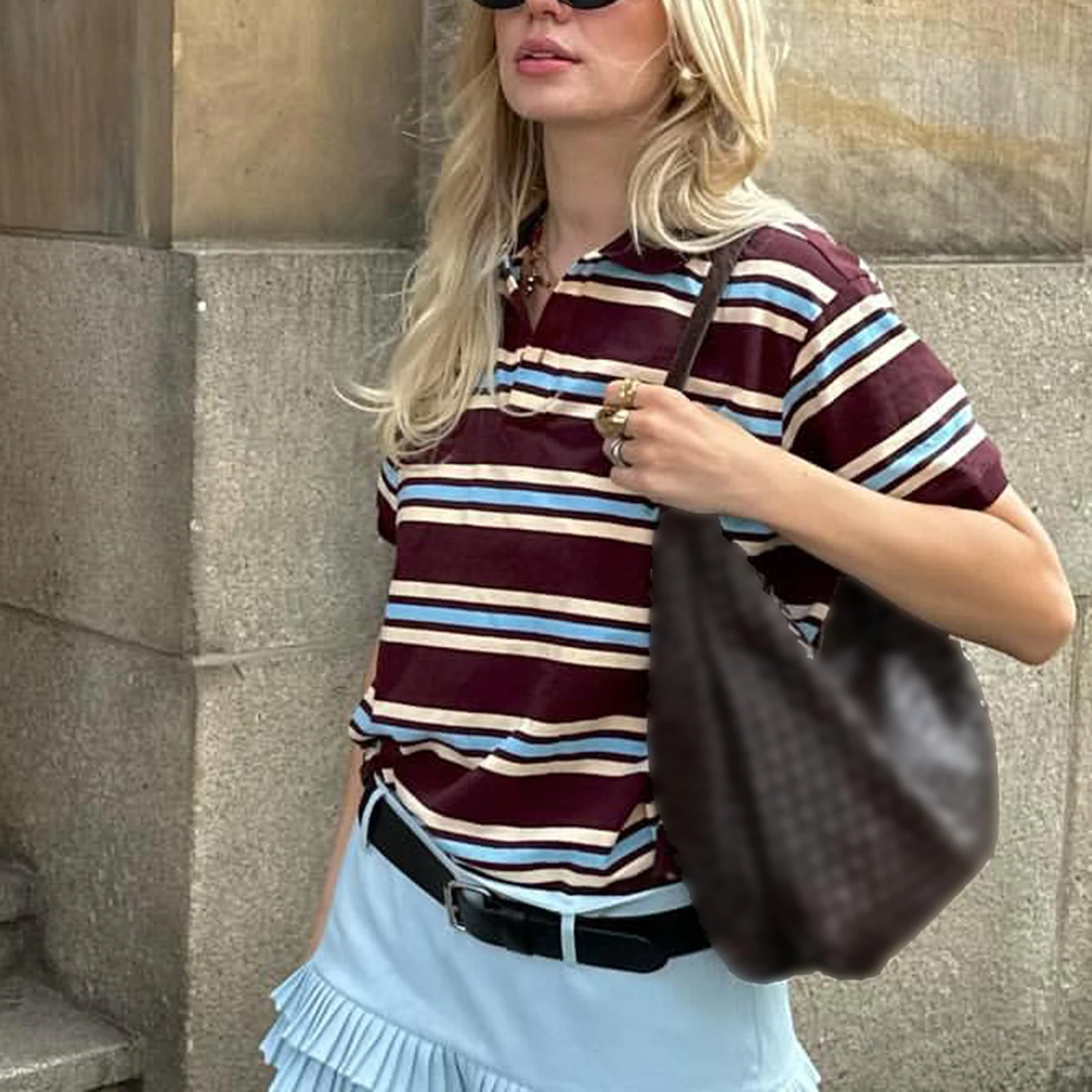 Women Summer Basic T-Shirt Casual Striped Print Lapel Short Sleeve Tops for Streetwear Aesthetic Grunge Clothes image 3