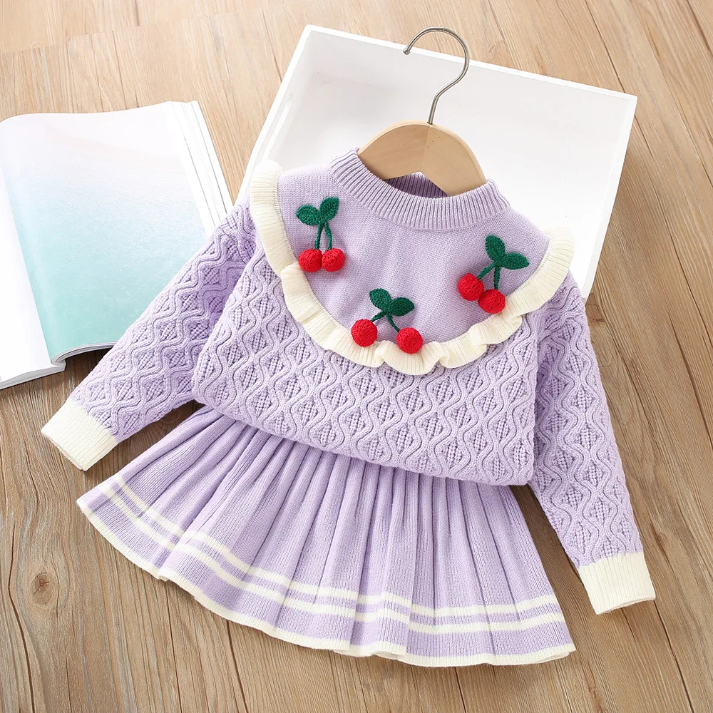 Conjunto de suéteres e saias de lã para meninas, conjuntos de roupas tricotadas, terno infantil, roupas fofas de bebê, 2 peças, primavera, outono, 2020