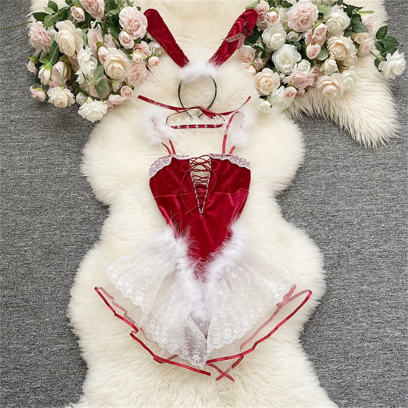 Sexy Erotic Lingerie Women'S Babydoll Underwear Christmas Cute Bunny Girl Play Costume Includes 1 Pc Bodysuit Submissive