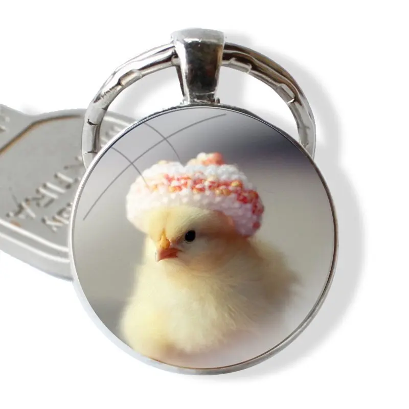 Keychain Handmade Glass Cabochon Key Ring Holder Pendant Key Chains cute baby chicken