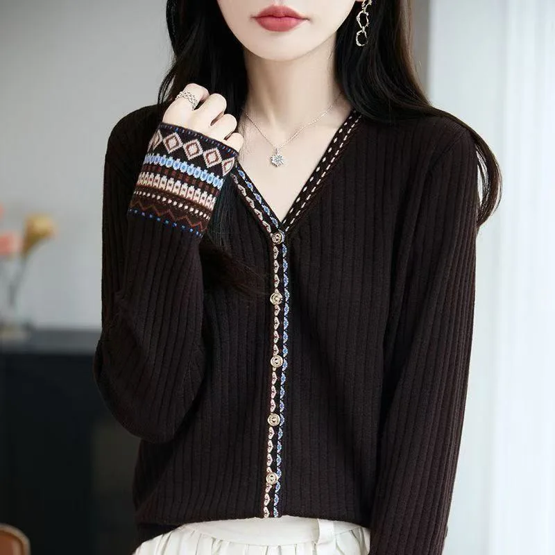 جديد طويل الأكمام محبوك سترة المرأة بالأزرار عادية الخامس الرقبة متماسكة سترة سترة المرأة بلايز Sueter Feminino تريكو Q1639 #6