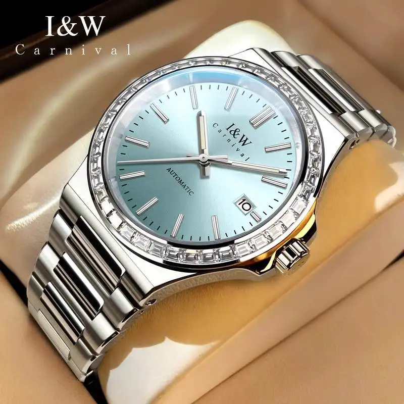I&W CARNIVAL Luxury Japan Import NH35A Automatic Mechanical Men's Watch Sapphire Rhinestone Auto Date 55791G-R Luminous Hands