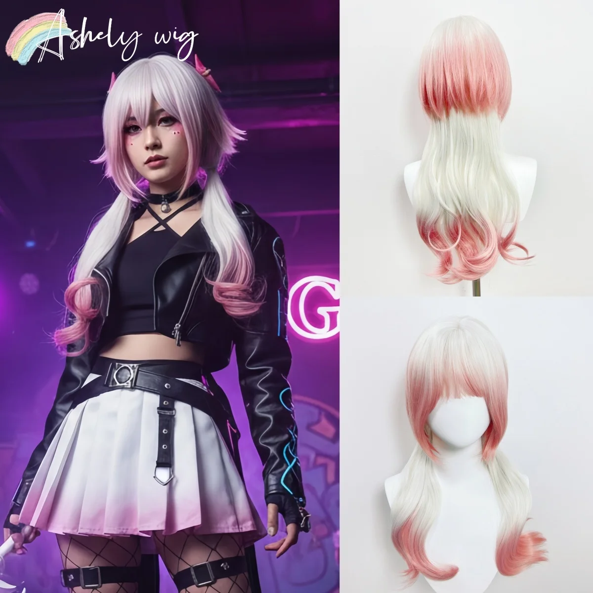 شعر مستعار تأثيري للنساء الوردي والأبيض يسلط الضوء على قنديل البحر طويل مجعد تأثيري Y2K عقال شعر مستعار ارتفاع درجة الحرارة الألياف #1