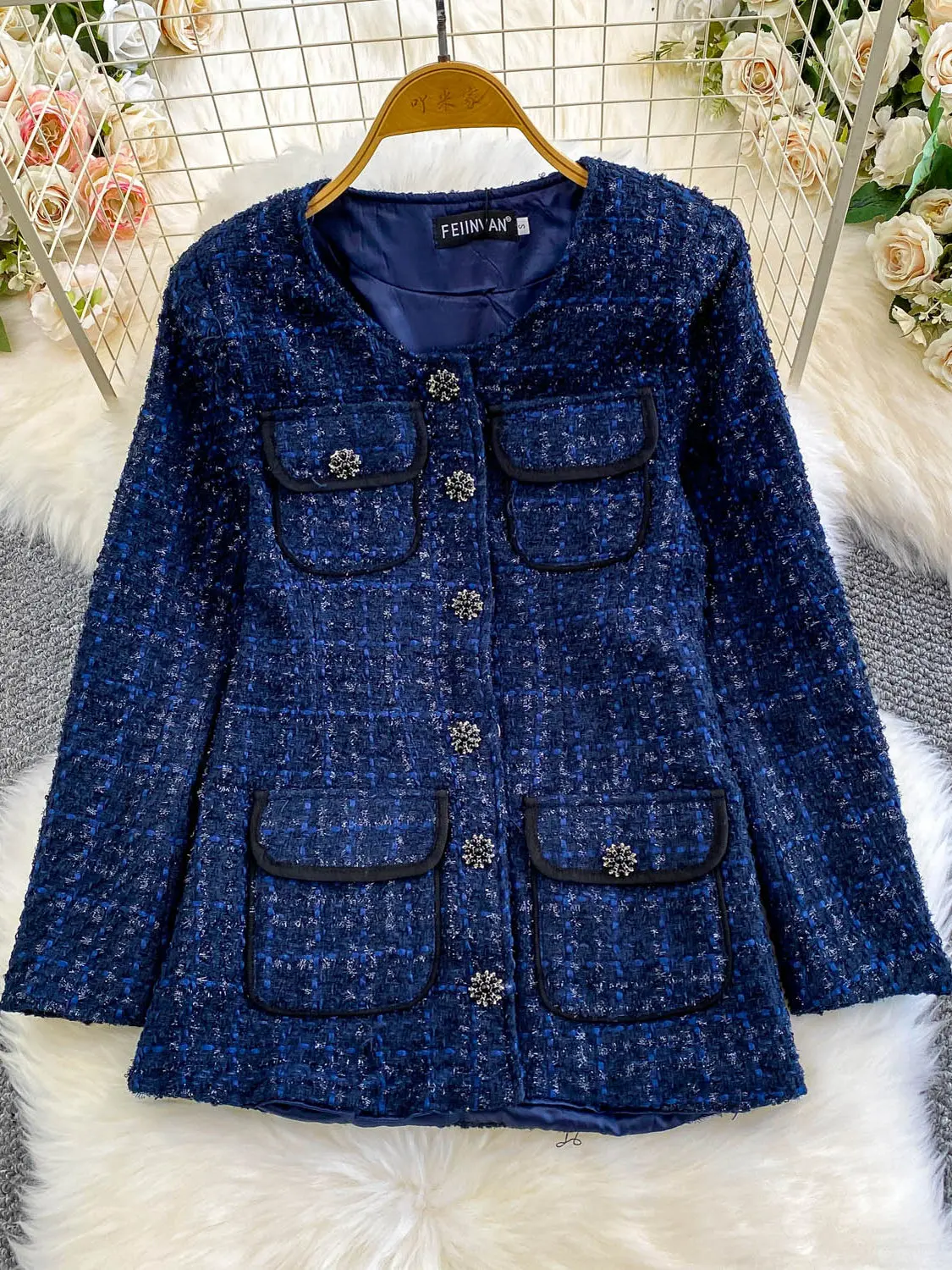 

Ele Women's Knitted iny Silk round Ne Jaet Single Button Autumn Winter Outerwear Luxury Faion Casual Loose Fit