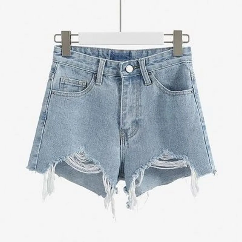 Ripped High-waist Denim Shorts  Women Versatile Slim A-line Pants Bristled Wide-leg Pants  Women