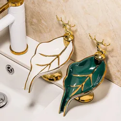 Luxury Ceramics Soap Dish Deer Head Leaf Shape Soap Holder Bathroom Accessories Toilet Drain Soap Rack Tray Storage Box