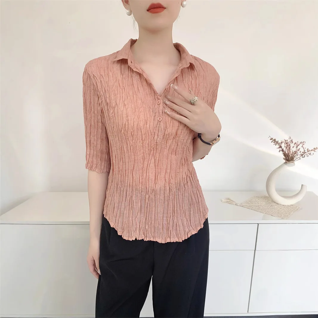 Miyake Handmade Messy Pleated Hundred Koszula damska Średnie rękawy Slim Temperament Solidna cienka koszula Design 2025 Lato Nowość