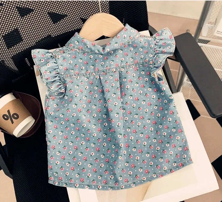 2023 summer girls Floral Printing denim  suits baby girl fashion Sleeveless  top Shirts+ shorts two-piece clothing sets