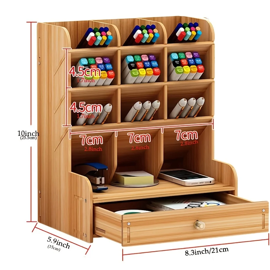 Wooden Desk Organizer, Multi-Functional, Storage Box, Desktop Stationary Storage Rack for Home Office and School, 1Pc