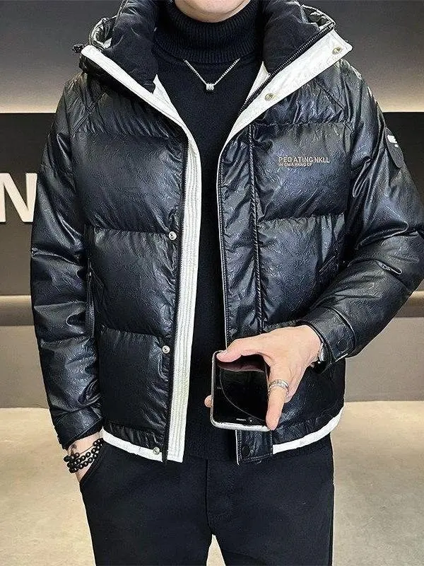 

Men's Leather down Jaet Winter 2025 New Sle Embroidery Design Trendy Thiened Hoodie Casual Faion Waterproof Coat