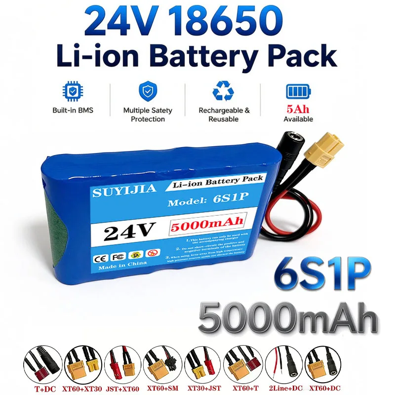 6S1P 18650 24V 5000mAh Lithium Battery Pack, Rechargeable Battery for Car Wash Equipment, CCTV Camera Monitor