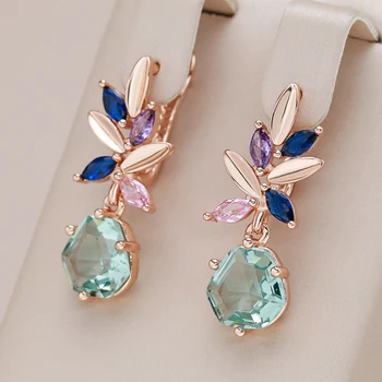Kinel-pendientes colgantes de piedra verde únicos para mujer, rombos, circonita Natural, Color oro rosa 585, joyería de boda Vintage