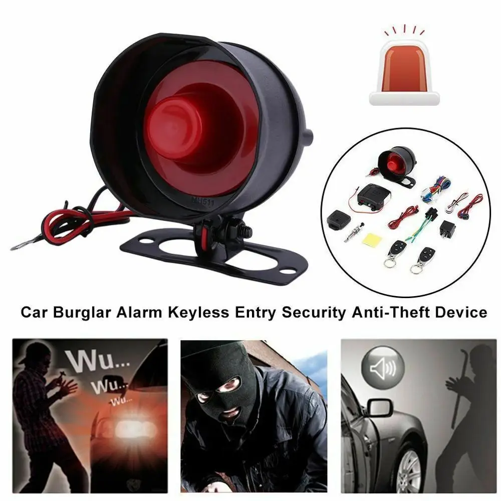 Car Anti-theft Alarm 1-Way Vehicle Alarm System Protection Security System Keyless Entry Siren + 2 Remote Control Burglar Alarm