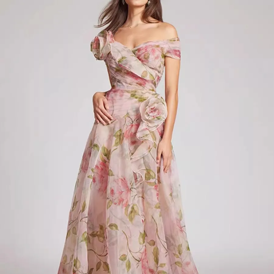 

Elegant Vacation Style Long Dress V-Neck Print 3D Decoration Lace Trim Sweet Ladylike Skirt High Waist Short Sleeve Women