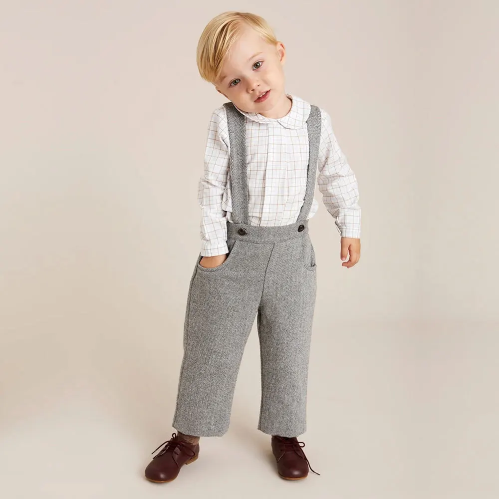 Boy Grey Wool Strap Trousers Set  Cotton White Plaid Shirt Long Sleeves Winter British Birthday Eid Clothes Children Boutique