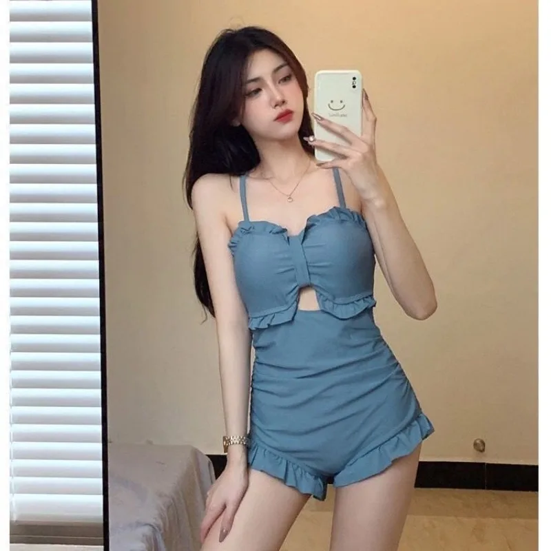 Bikinis Sets Women Pleated Solid Hollow Out Ruffles Sexy Korean Trendy Beach Style Sleeveless Swimsuits Temperament Hot Girls