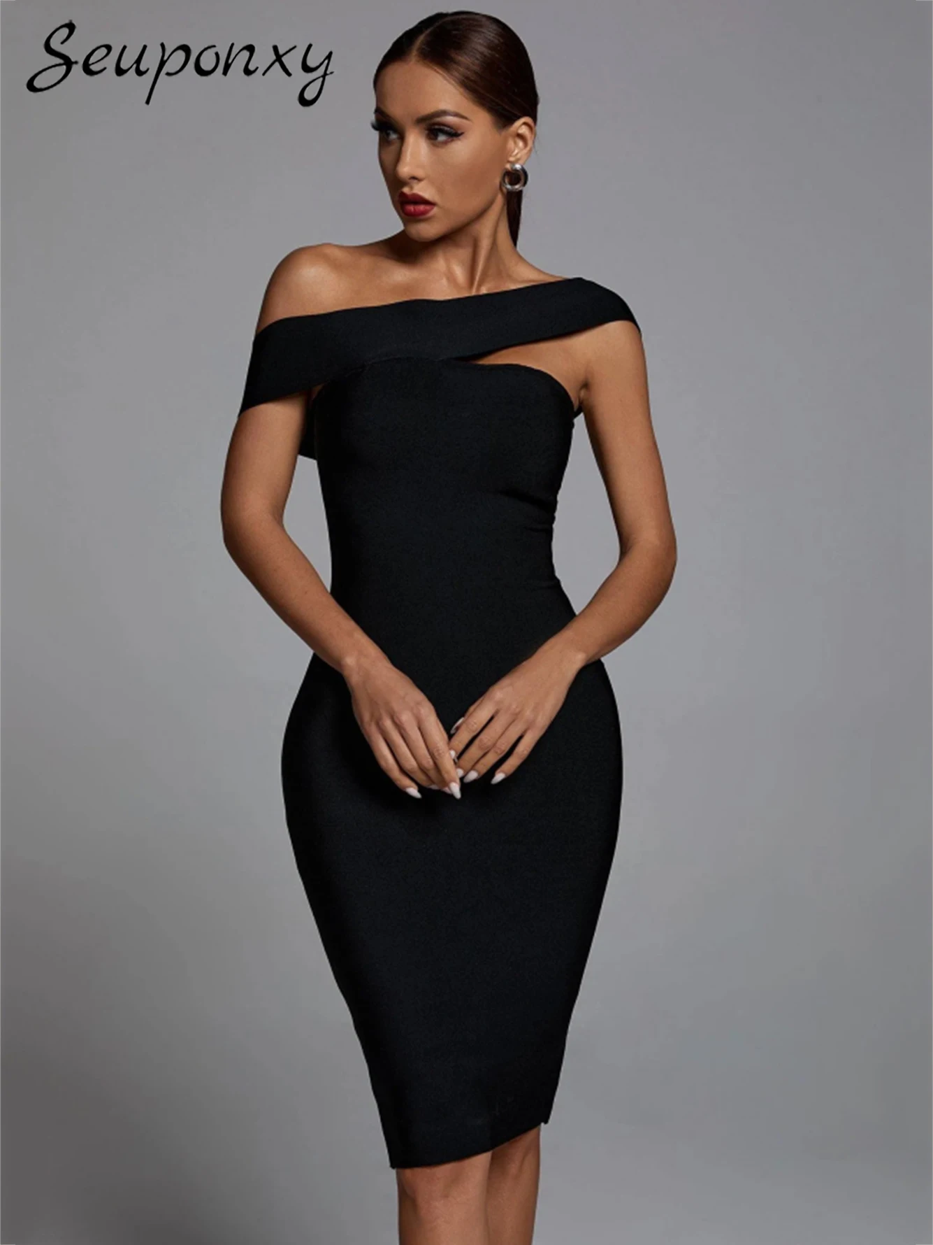 

High Quality Black Sexy One Shoulder Sleeveless Bodycon Bandage Dress Fashion Women'S Backless Elegant Evening Party Club Dress