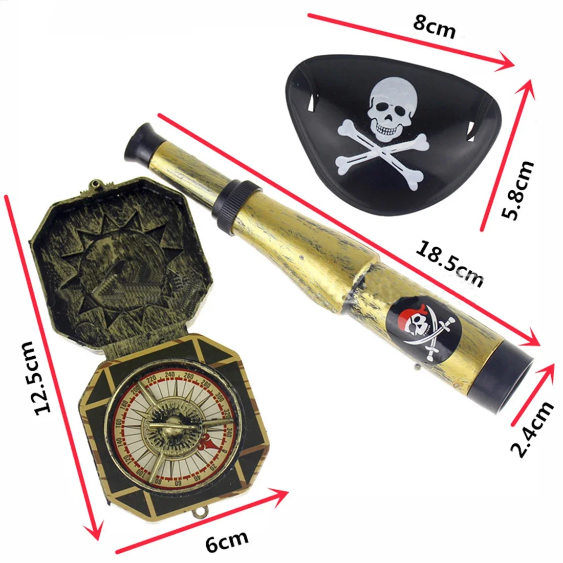 3Pcs เด็กโจรสลัดของเล่นผู้ผลิตพลาสติก Pirate Patch Skull แต่งกาย PROP เข็มทิศกล้องโทรทรรศน์ขนาดเล็กฮาโลวีน