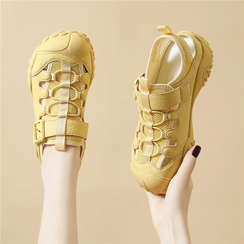 Women's Barefoot Shoes Breathable Hollow Mesh Sandals Summer Outdoor Camping Fashion Velcro Thick Bottom Sports Beach Shoes 2026