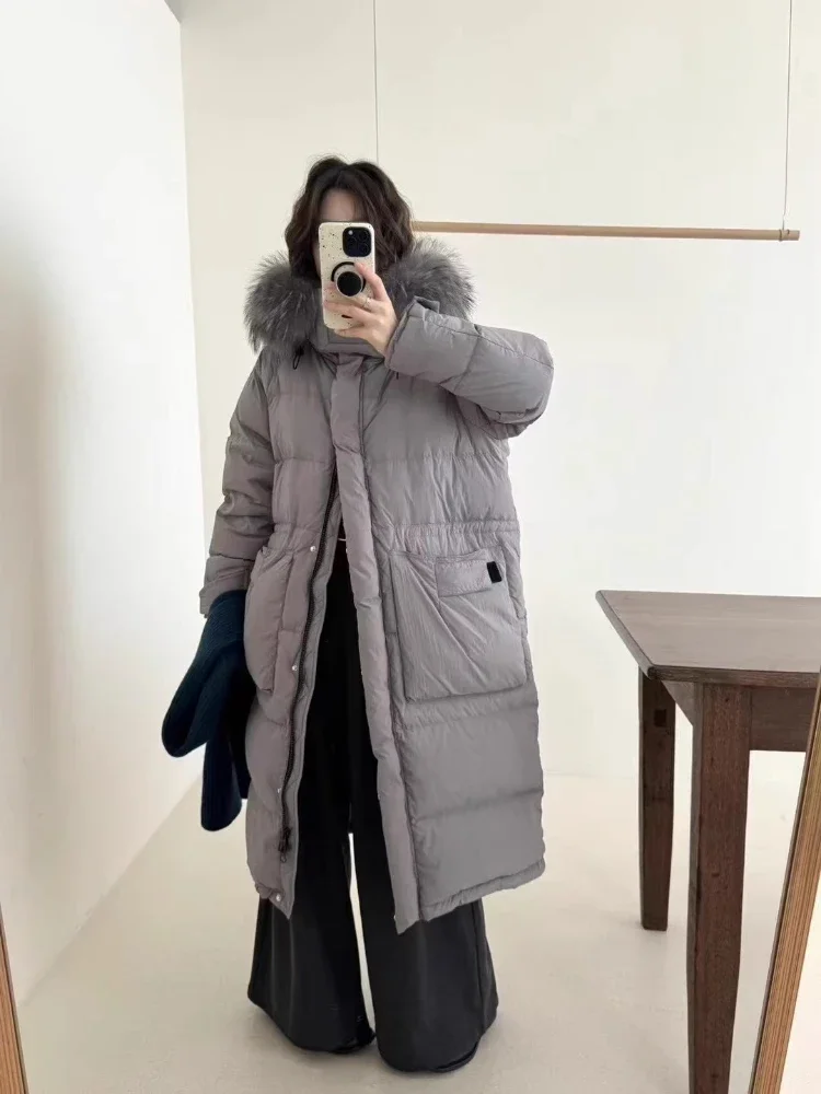 Down Jacket Women in The Long Section Winter New Real Raccoon Big Fur Collar White Duck Down Jacket Loose Thickened Warm Coat