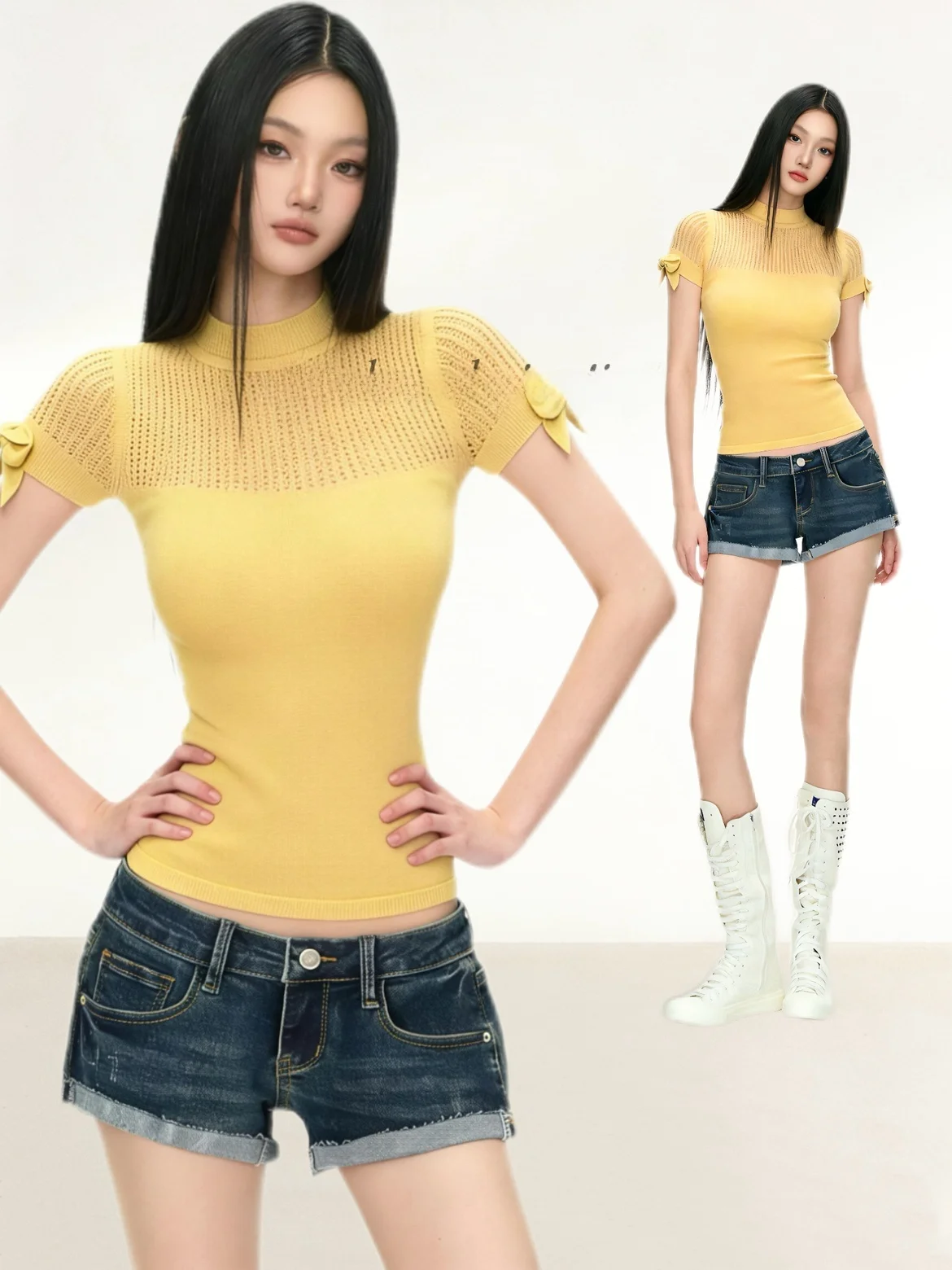 

Sexy Short Sleeve Knot Hollow out Slimming Shorts Set Low Waist Body Contouring Two Piece Women's Fashion Summer Ou...