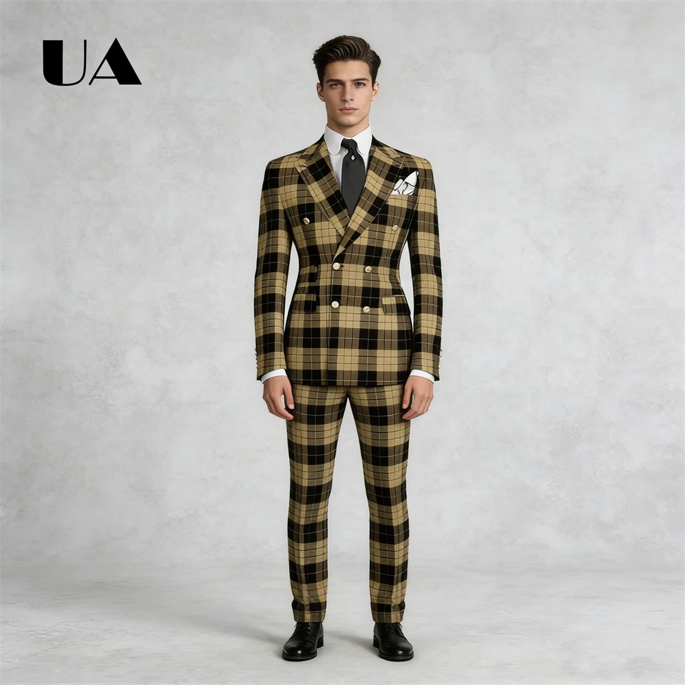 Raster Dubbele Rij Banketpak Heren Moderne Pasvorm Formele Slijtage Tweedelig Pak Set Jas Broek Diner Avondpak kledij