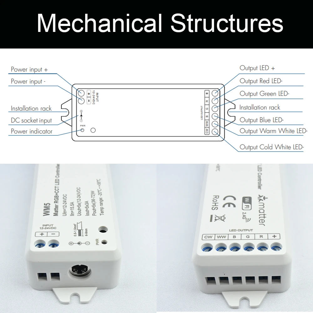 Materie WiFi LED-Controller 5ch Smart Rgbcct Dimmer App Fernbedienung Sprach steuerung Dimmen Unterstützung Apple Homekit Alexa DC 12V 24V