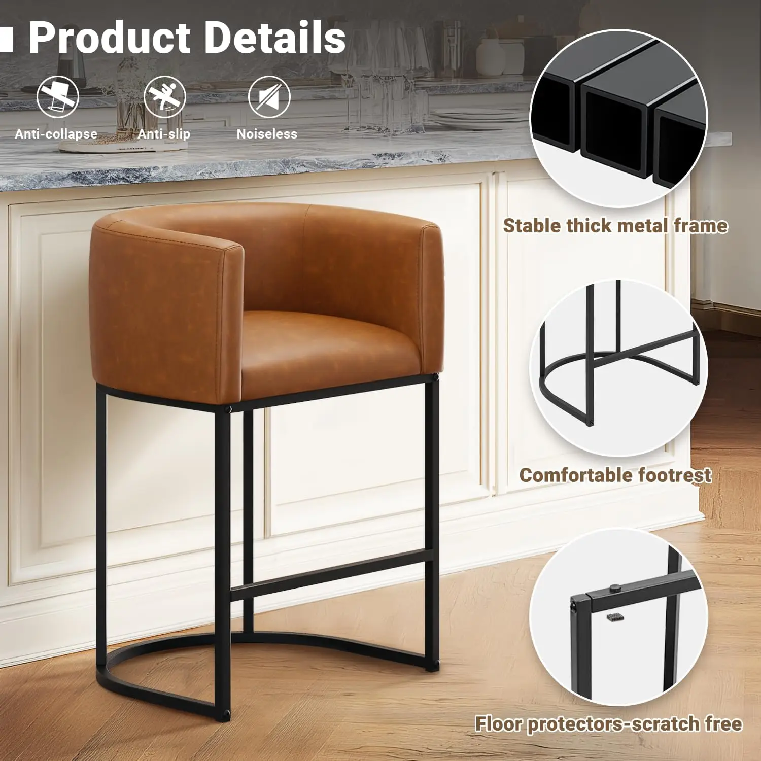 26" H Counter Height Bar Stools Set of 2, Modern Barrel Counter Stools with Backrest and Arms, Faux Leather Upholstered Accent B view 3